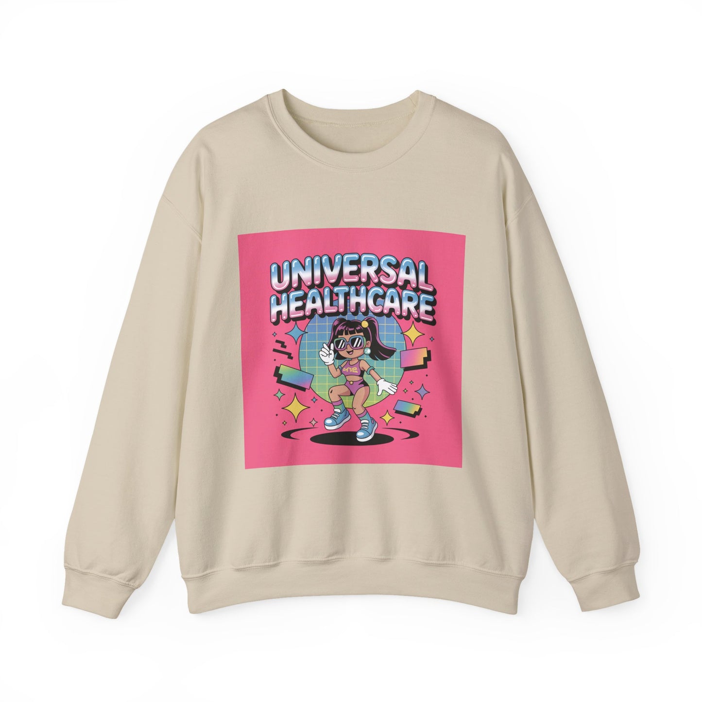 Universal Healthcare Graphic Crewneck | Retro Nurse Illustration, Pink Retro Design