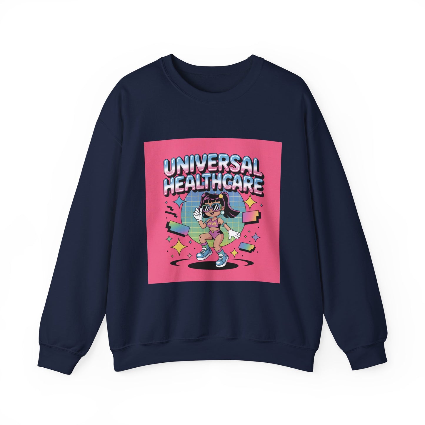 Universal Healthcare Graphic Crewneck | Retro Nurse Illustration, Pink Retro Design
