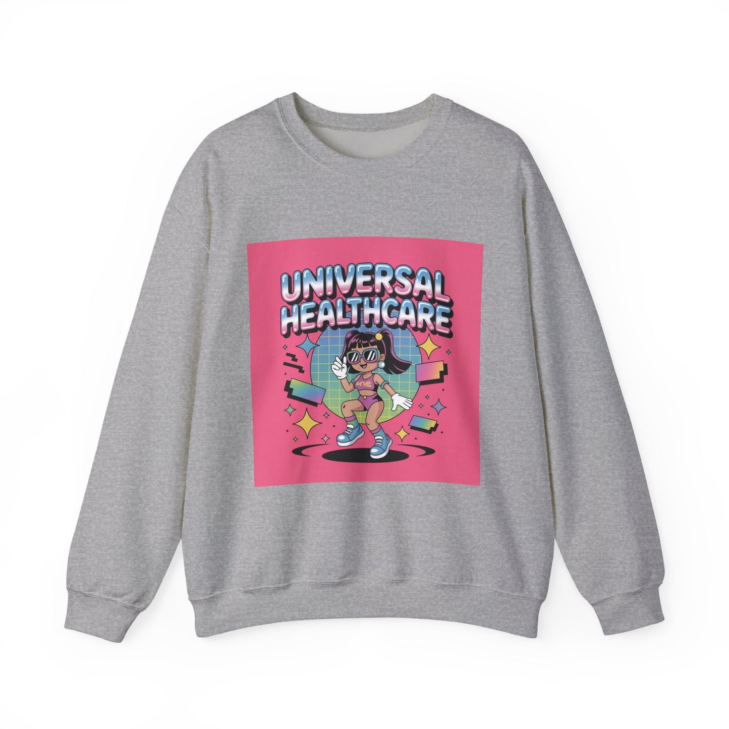 Universal Healthcare Graphic Crewneck | Retro Nurse Illustration, Pink Retro Design