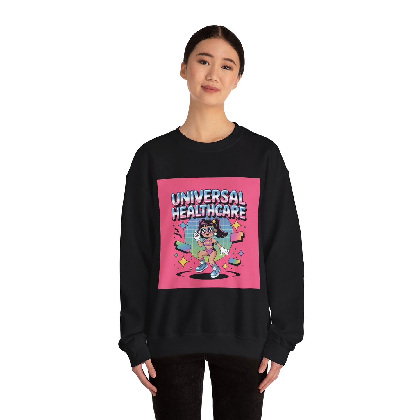 Universal Healthcare Graphic Crewneck | Retro Nurse Illustration, Pink Retro Design
