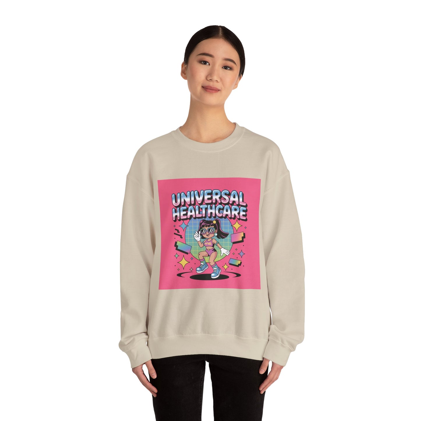 Universal Healthcare Graphic Crewneck | Retro Nurse Illustration, Pink Retro Design