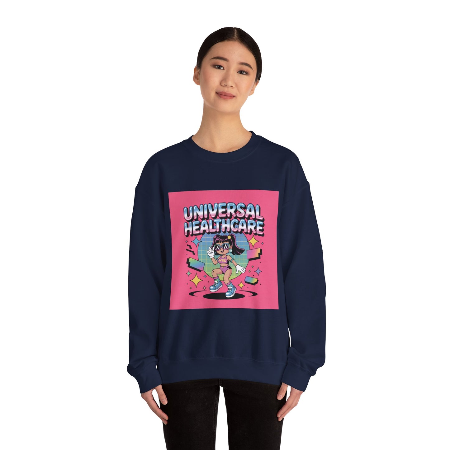 Universal Healthcare Graphic Crewneck | Retro Nurse Illustration, Pink Retro Design