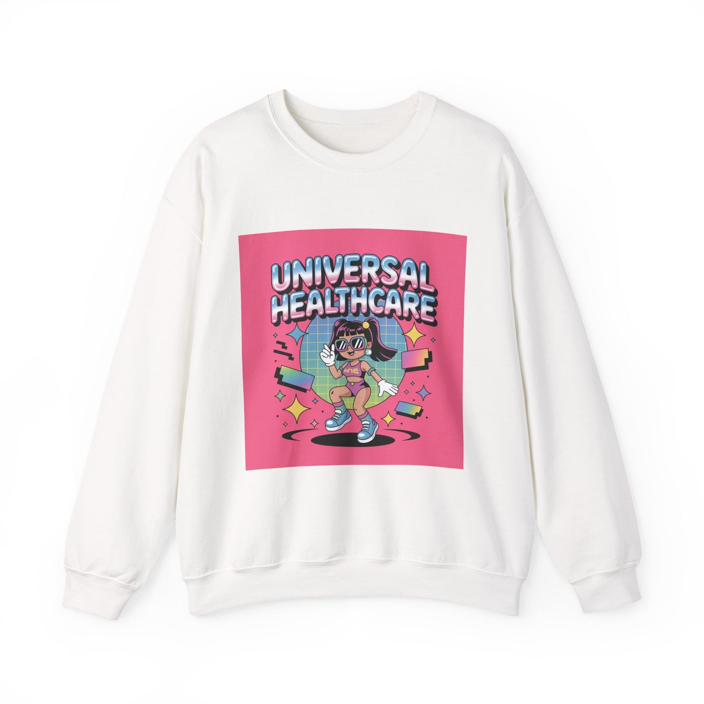 Universal Healthcare Graphic Crewneck | Retro Nurse Illustration, Pink Retro Design